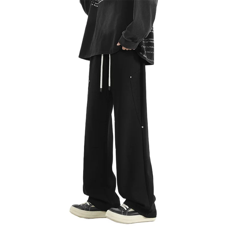 Celana Panjang Pria Ukuran Besar Model Terbaru Musim Semi 2025, Kasual Trendi Warna Solid, Tali Serut, Model Lurus Kaki Lebar