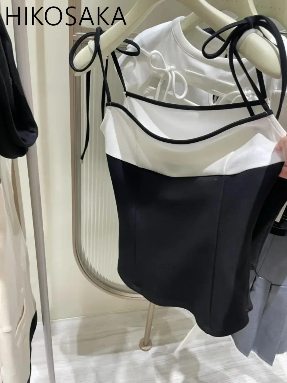 

Contrast Color Casual Fashion Slim Fit Crop Top Japanese Chic Sweet Patchwork Lace Up Straps Camisole 2025 New All-match Tank