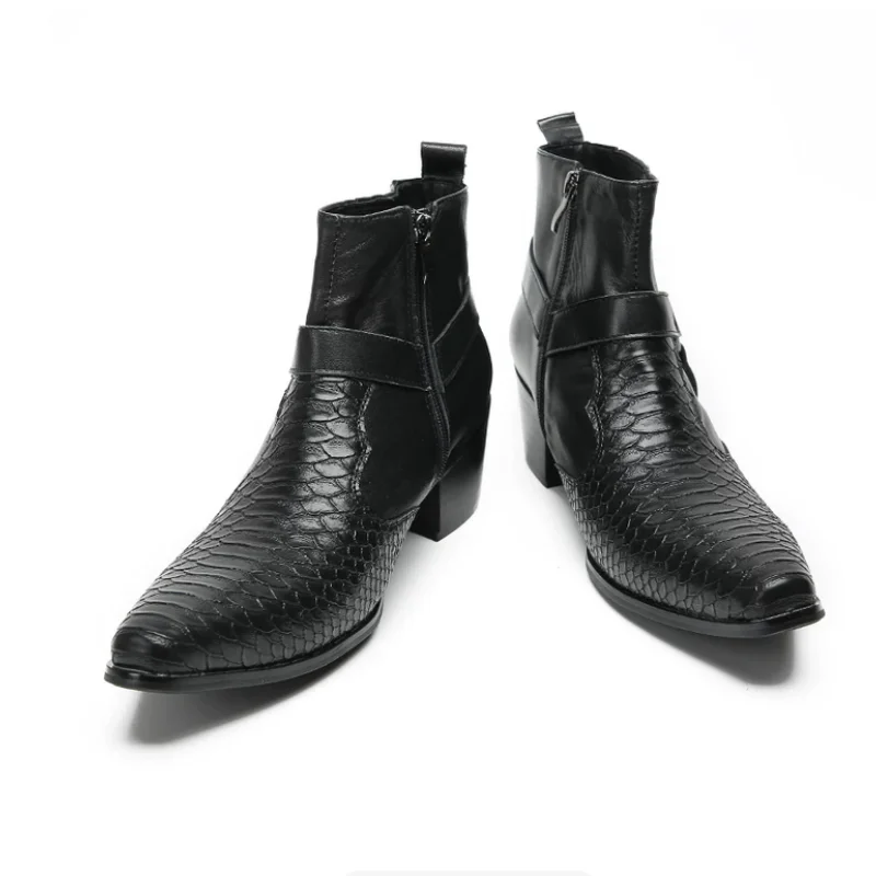 Snake Pattern Shoes for Mens Pointed Toes Chunky High Heels Belts Buckle Males Short Boots Rivets Chassure Hommes Solid Zapatos