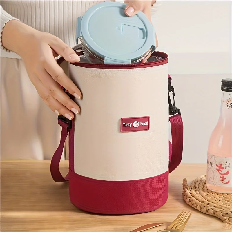 Round Cylindrical Insulated Crossbody Lunch Shoulder Strap Carry Office School Picnic Non Food Contact Portable Thermal Storage