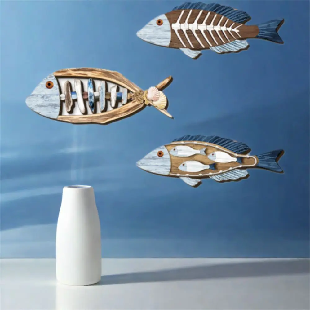 Decoración colgante de pared de pez de madera mediterráneo, serie Ocean, adorno colgante de pez náutico Vintage hecho a mano, divertido