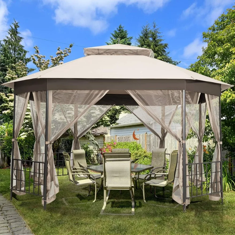 10 x12 Ft Patio Gazebo, Heavy Duty Octagonal Canopy Gazebo w/Netting Sidewalls and Sturdy Steel Frame,Double Roof Vented Gazebo