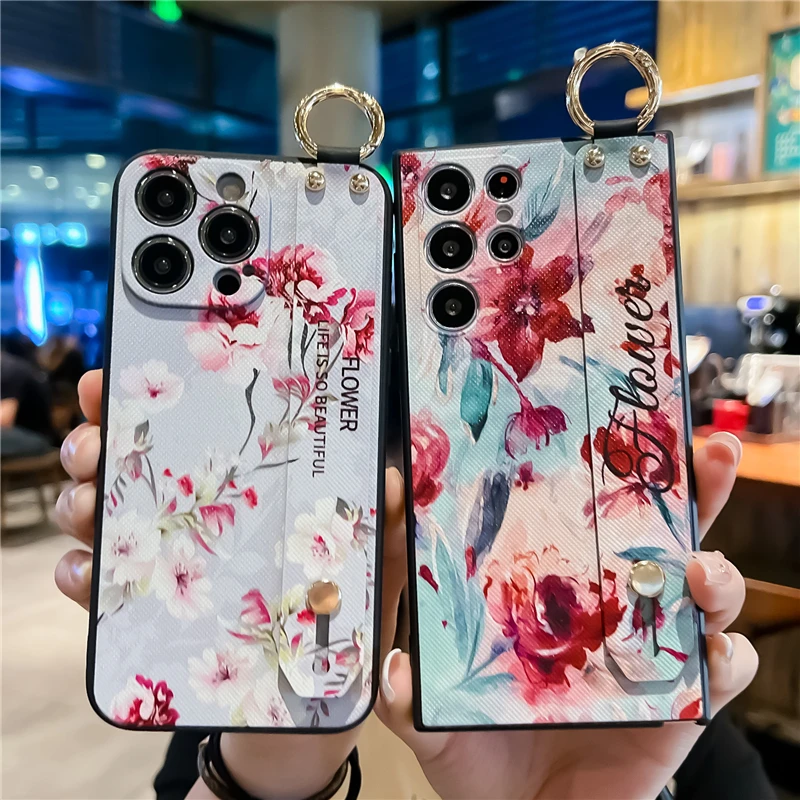 Poco X3 Pro F3 F5 X5 Pro M3 M4 M5 Mi 12T Pro 11T 10T 13 12 11 10 9 Lite Case Luxury Flower Wrist Strap Phone Holder Cover Coque