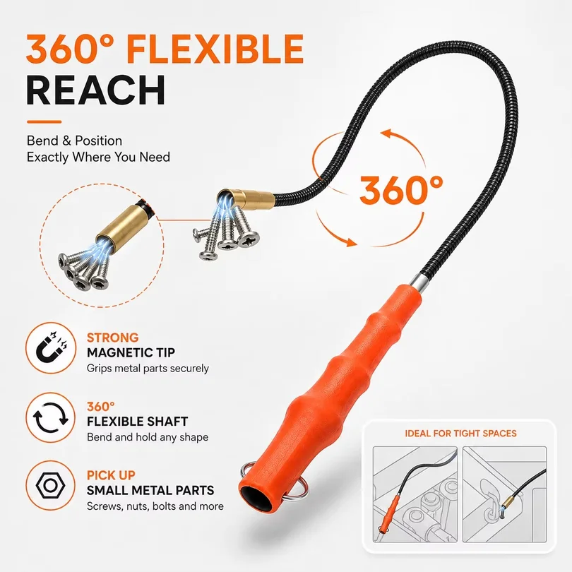 Magnetic Pickup Tool, Flexible Spring Grip Grabber, Adjustable Reach Rod for Nuts Bolts Screws, Auto Repair Hand Tool