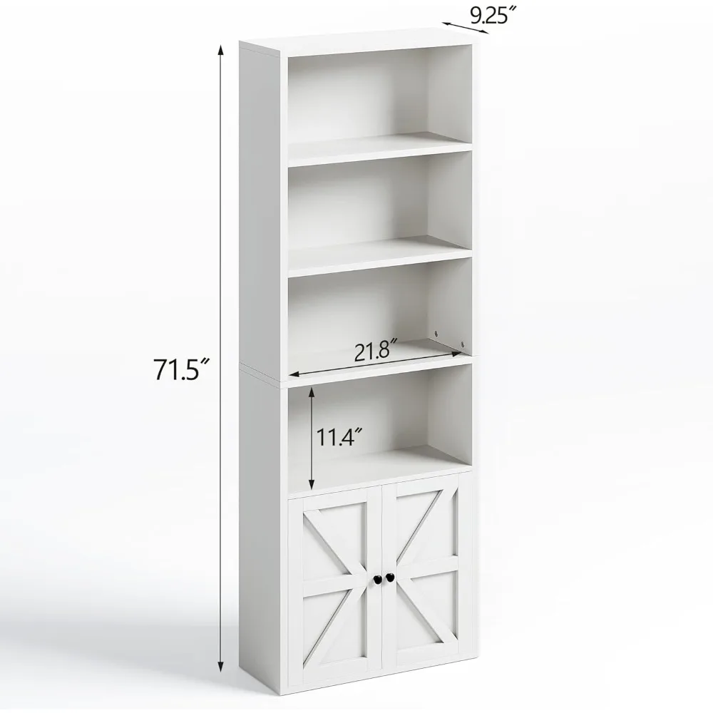 Rak Buku Kayu Tinggi 6 Tingkat dengan Pintu Kabinet, Penyimpanan Berdiri untuk Buku dan Perlengkapan Kantor