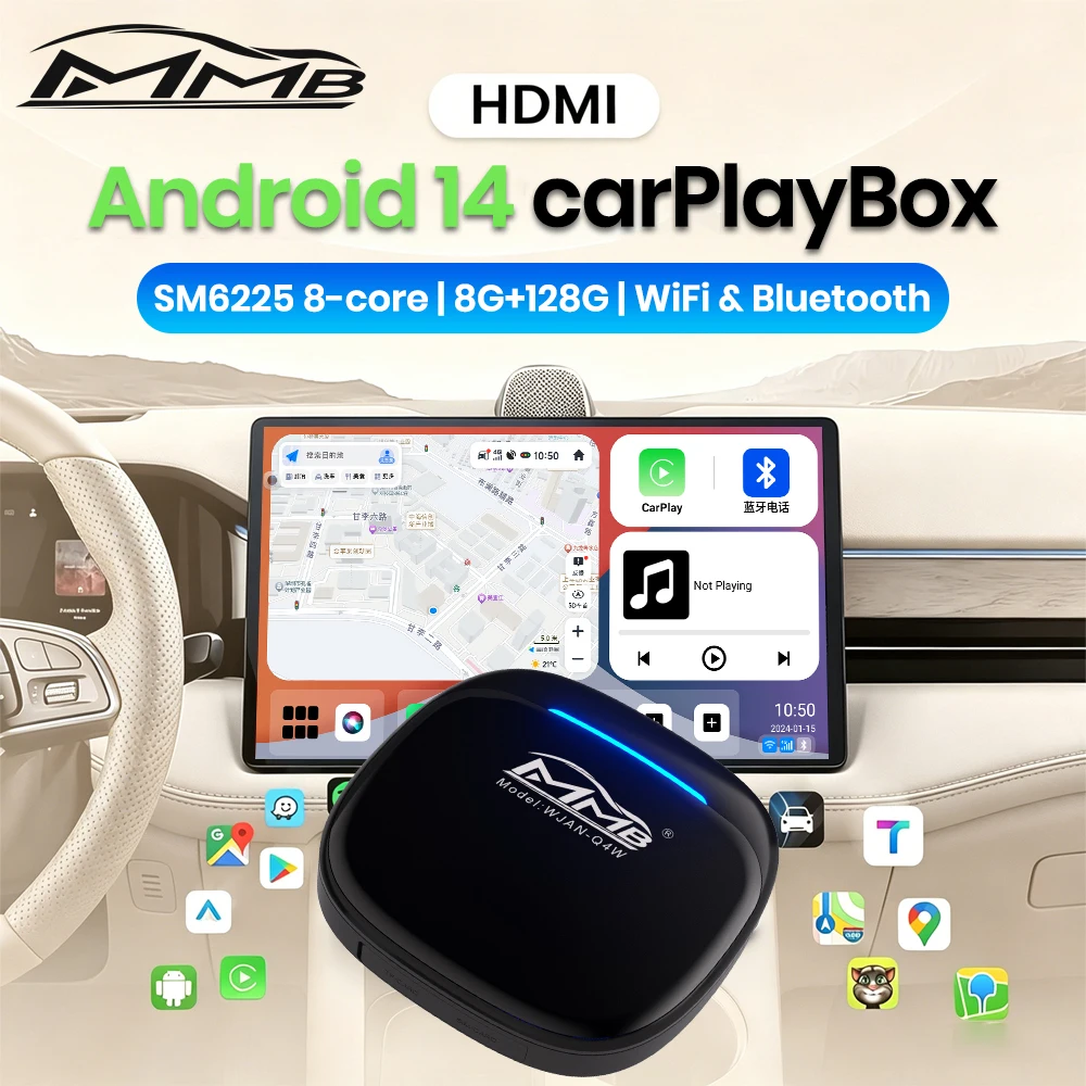 MMB Max 5.0 Smart Box CarPlay Wireless Android Auto AI Box Andriod14 TV Box QCM6225 8Cores 8+128G TF Card 256G Split-Screen WiFi