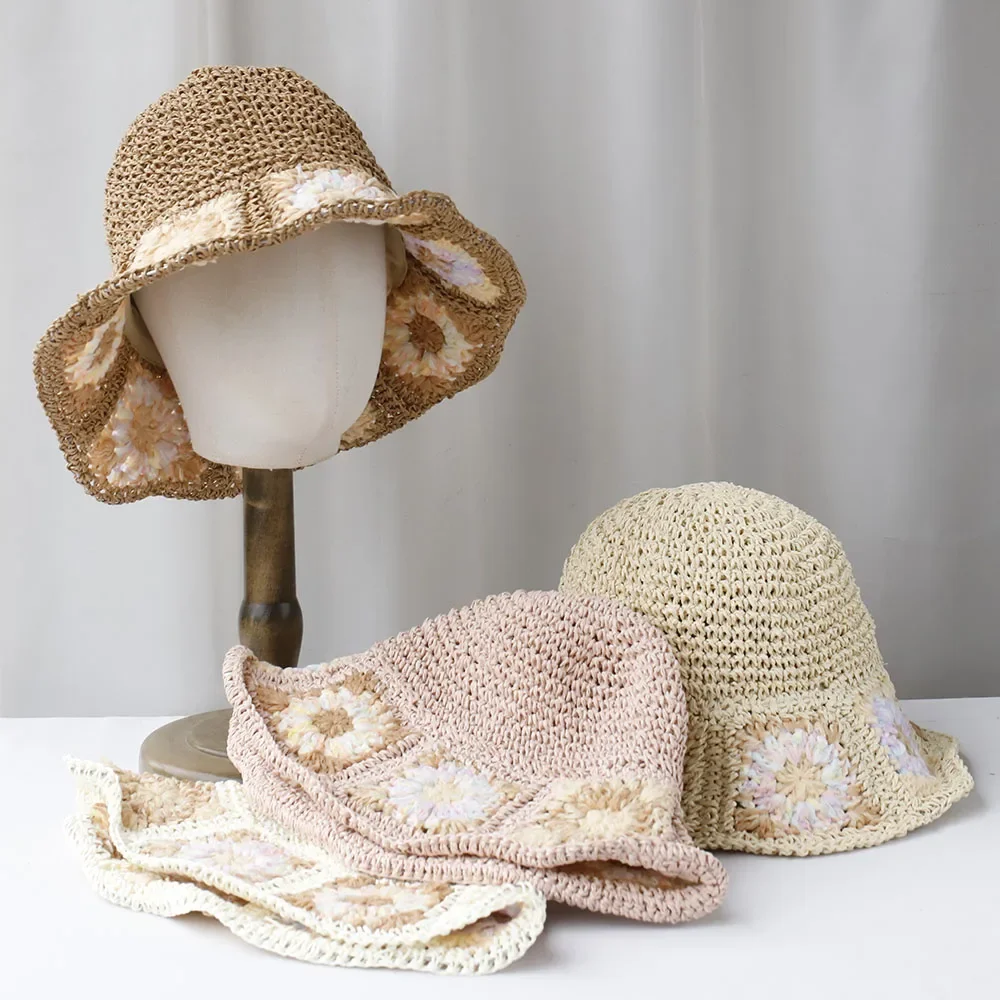 New Women Sun Hat Lace Flower Wide Large Brim Beach Hats Womens Summer Straw Hat Foldable Chapeau Femme UV Protection Cap