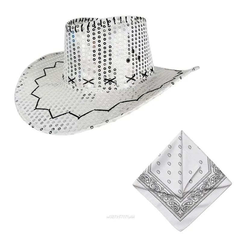X5XA Rhinestones Cowgirls Hat and Bandana Set For Festive Occasion And Special Event
