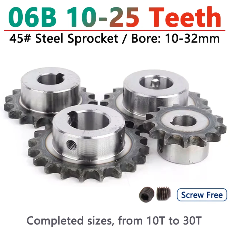 1pcs 06B Industrial Drive Sprocket Wheel 45# Steel Chain Gear 10 11 12 13 14 15 16 17 18 19 20 21 22 23 24 25 Teeth Bore 10-32mm