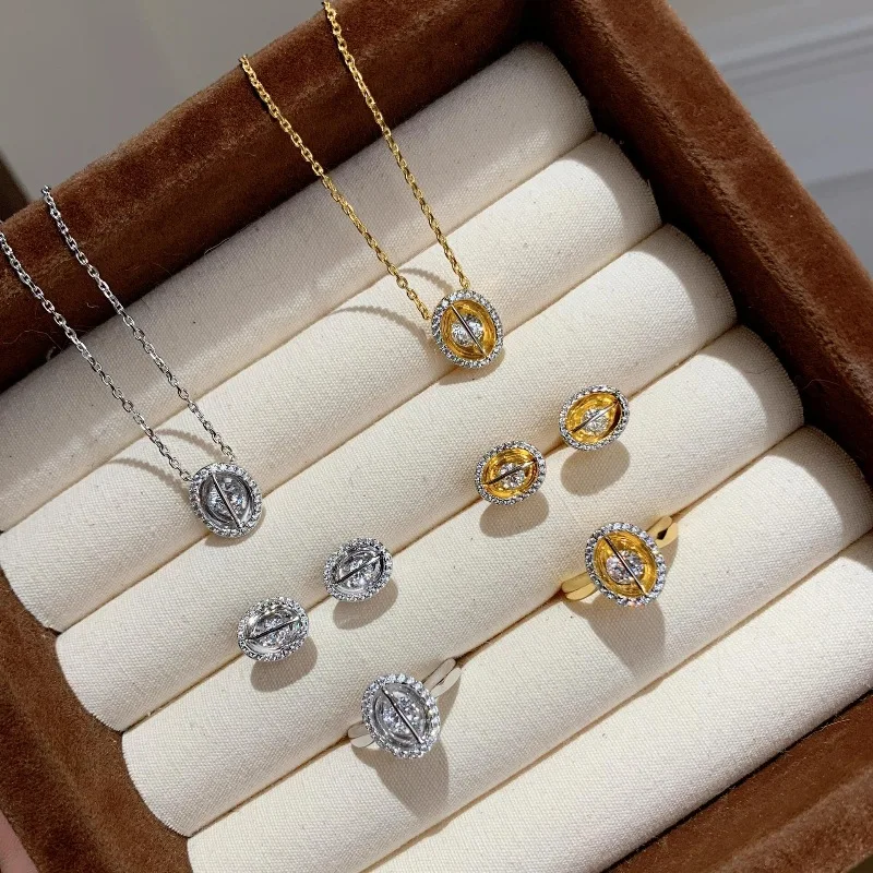 Retro silver 925 irregular oval micro inlaid diamond rings earrings for women necklace exquisite light luxury jewelry sets