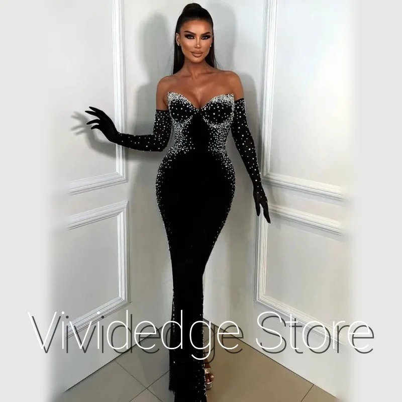 فساتين كوكتيل فاخرة طويلة من حجر الراين باللون الأسود على شكل ذيل السمكة بدون حمالات ورقبة على شكل حرف V ذيل السمكة للنساء العربيات فساتين سهرة مخصصة #1