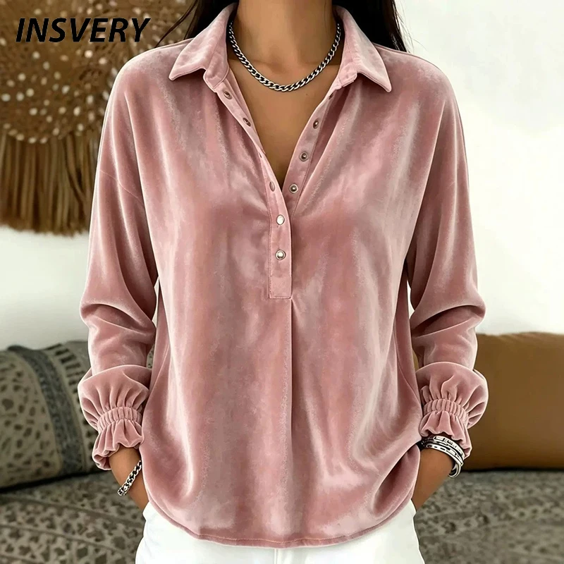 Fashion Turn Down Collar Button Blouses Women Long Sleeve Shirts Gold Velvet Sweatshirts For Women Casual Pullovers