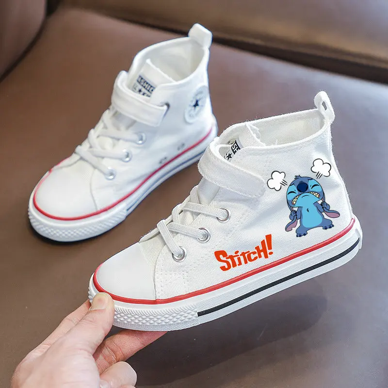 Stitch Girls Canvas Shoes High Help Students White Sneakers Anime Cartoon Stitch Children\'s Running Shoes Boy Casual Tennis Shoe