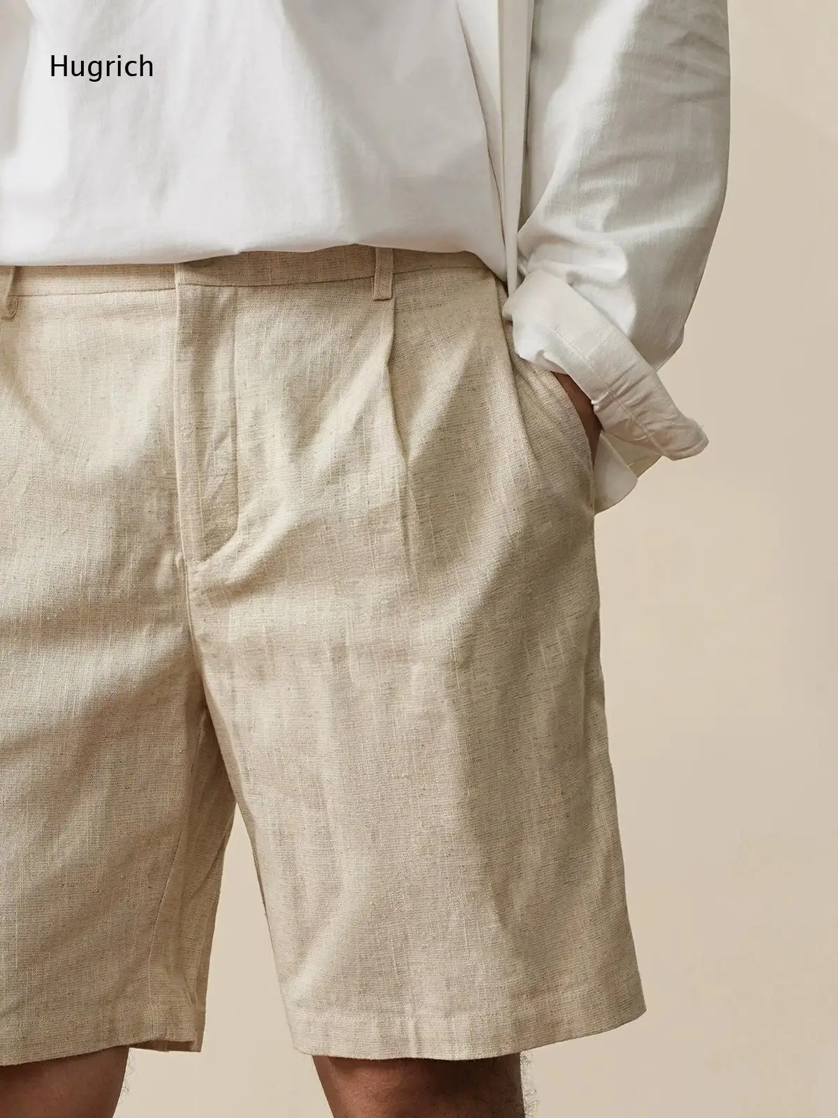 Pantalones Cortos Bermuda de Pierna Ancha con Pliegues Delanteros en Mezcla de Lino Beige para Hombre, Ideales para Verano, Oficina, Vacaciones o Trajes Casuales