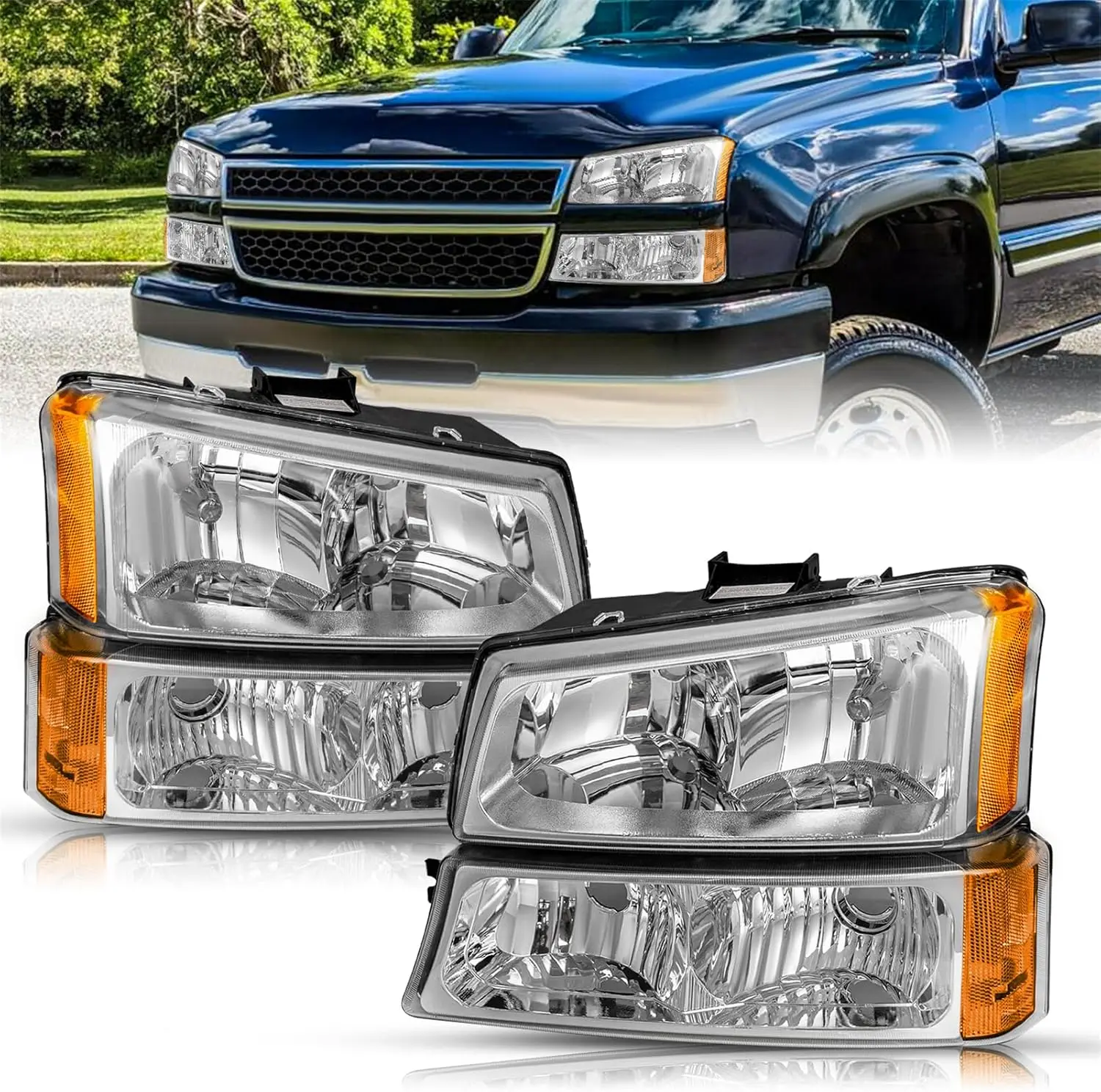 

No-Fogging 4pcs Halogen Headlight Assembly Compatible with 2003-2006 Chevy Avalanche/Silverado 1500 2500 HD 3500, 2007 Silverado