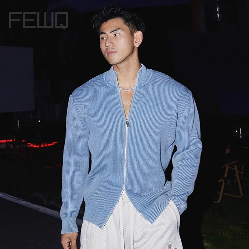 

FEWQ American Style Fit Design Doublesided Zipper High Neck Cardigan Knitted Solid Color 2024 Korea Fashion Male Tops 24E2778