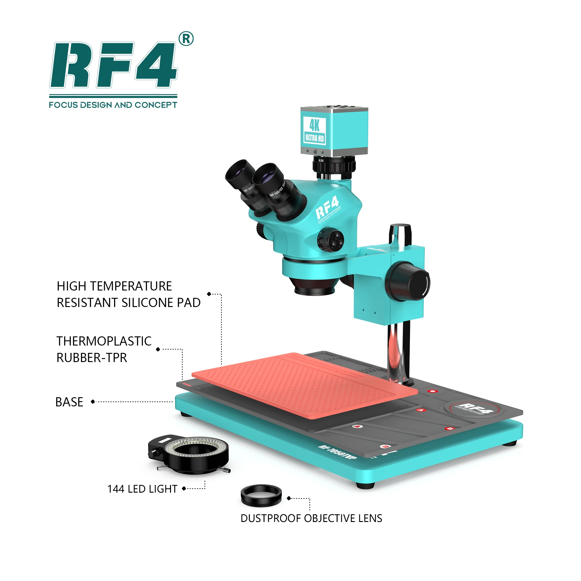 

RF4 HDMI USB 4K Camera Dental Practice Industrial Laboratory Observation Trinocular Zoom Stereo Microscope RF7050TVP-PO2-4KC1