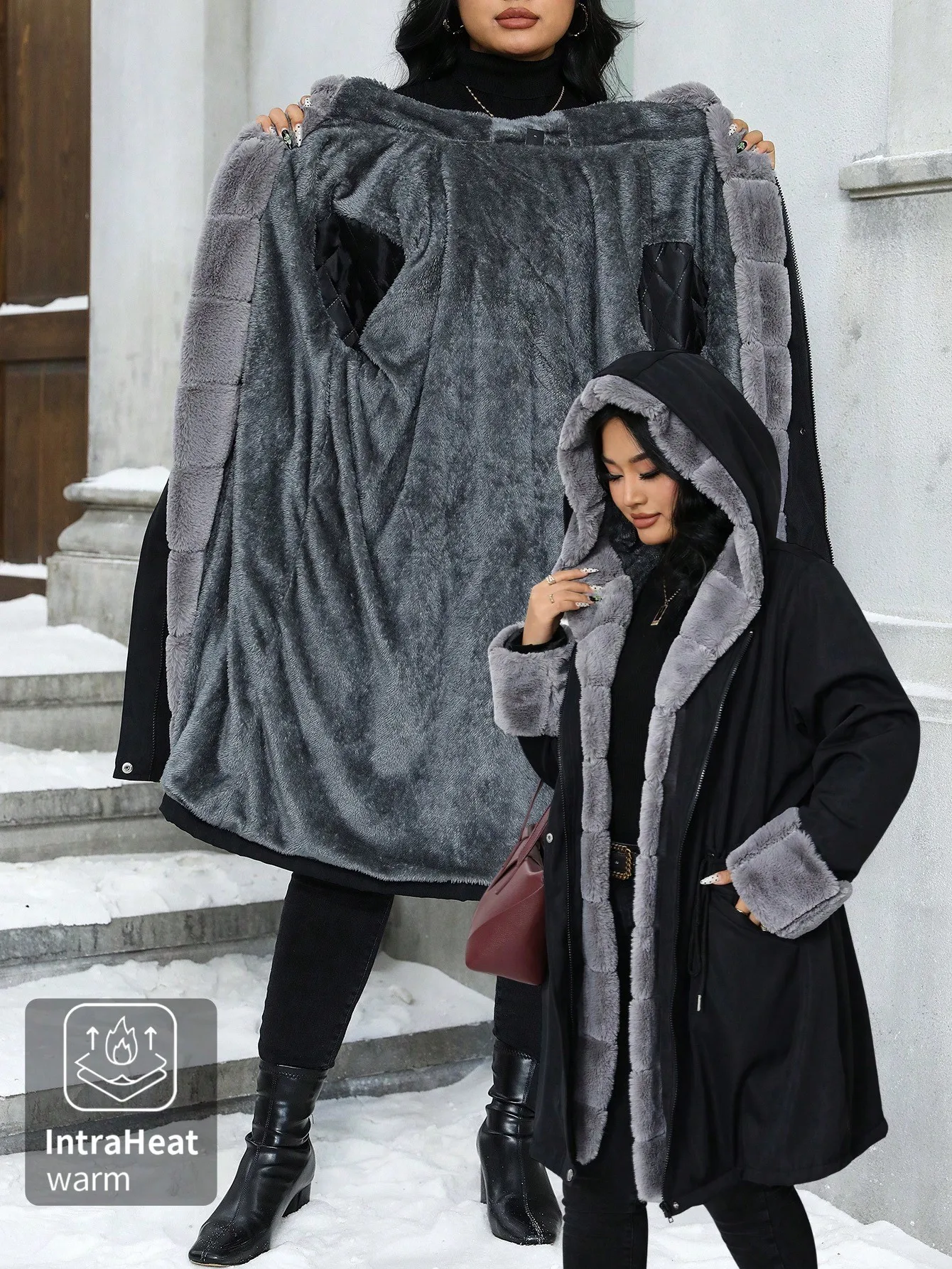 Damski płaszcz zimowy plus size z kapturem, wykończeniem z sztucznego futra, marszczoną talią i zapięciem na zamek błyskawiczny.