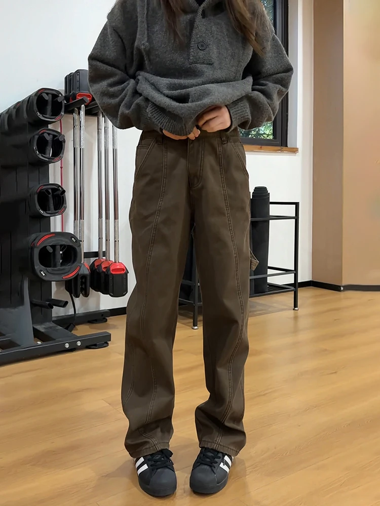 

Café Brown Men's Autumn Winter Thickened Fleece Workwear Pants Low Waist Straight Leg Slimming Flared Knife Cut Jeans