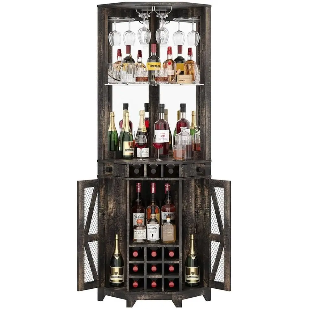 

Rustic 72 Barn Door Wine Cabinet with Glass Holder, 9-Grid Rack, and Acrylic Mirror for Dining & Living Rooms