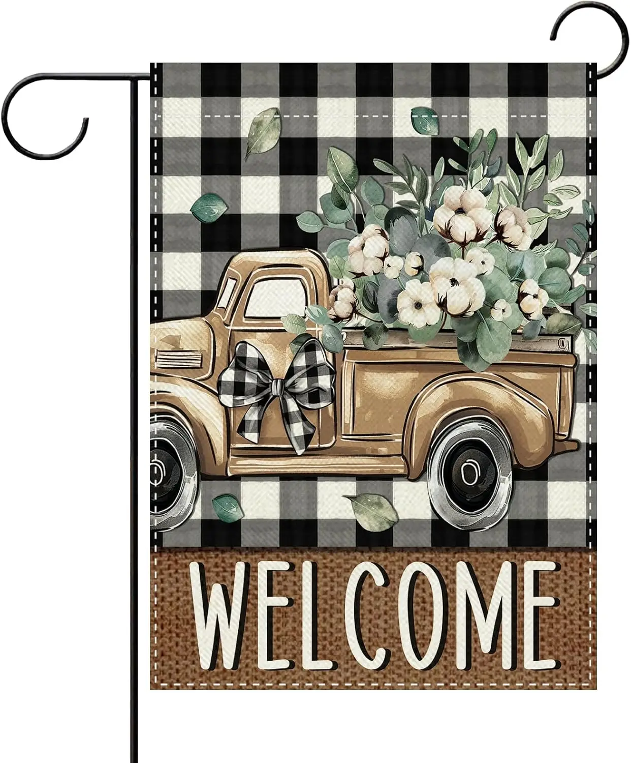 Terkki Welcome Spring Summer Truck Decorative Garden Flag, Buffalo Plaid Cotton Eucalyptus Leaves Small Yard Outside Decorat IIC