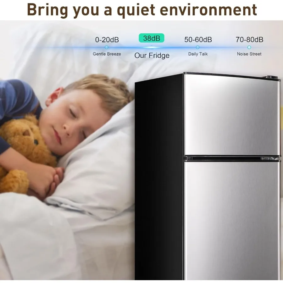 Compact 3.2 Cu. Ft. DoubleDoor Mini Fridge with Adjustable 7Level Thermostat and Separate Freezer for Dorm Kitchen RV Office Ap