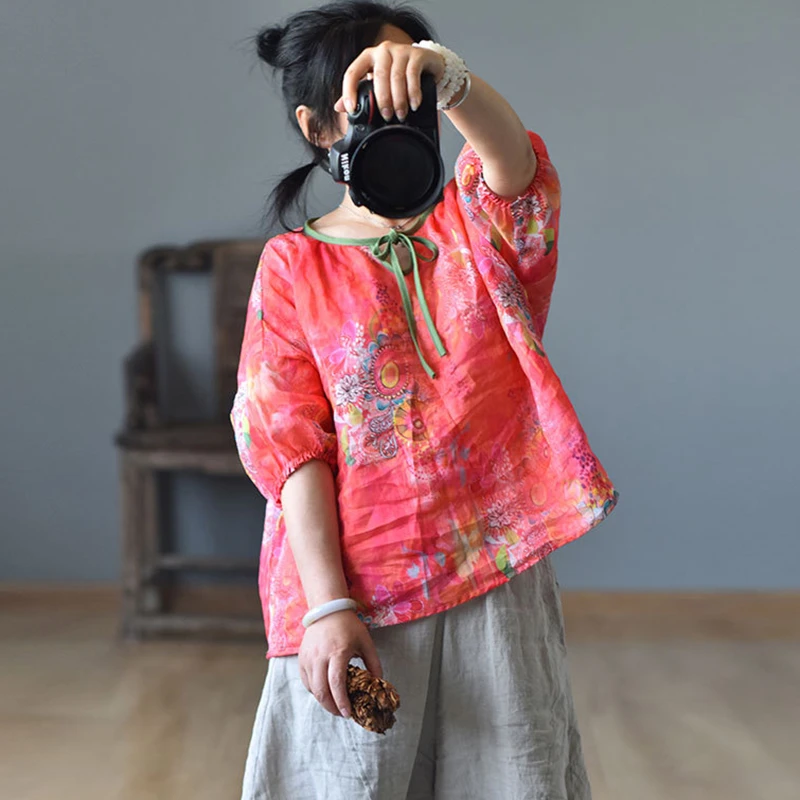 100% Ramie Women Casual T-shirts New Arrival 2025 Summer Chinese Style Vintage Floral Print Loose Female Tops Tees M505