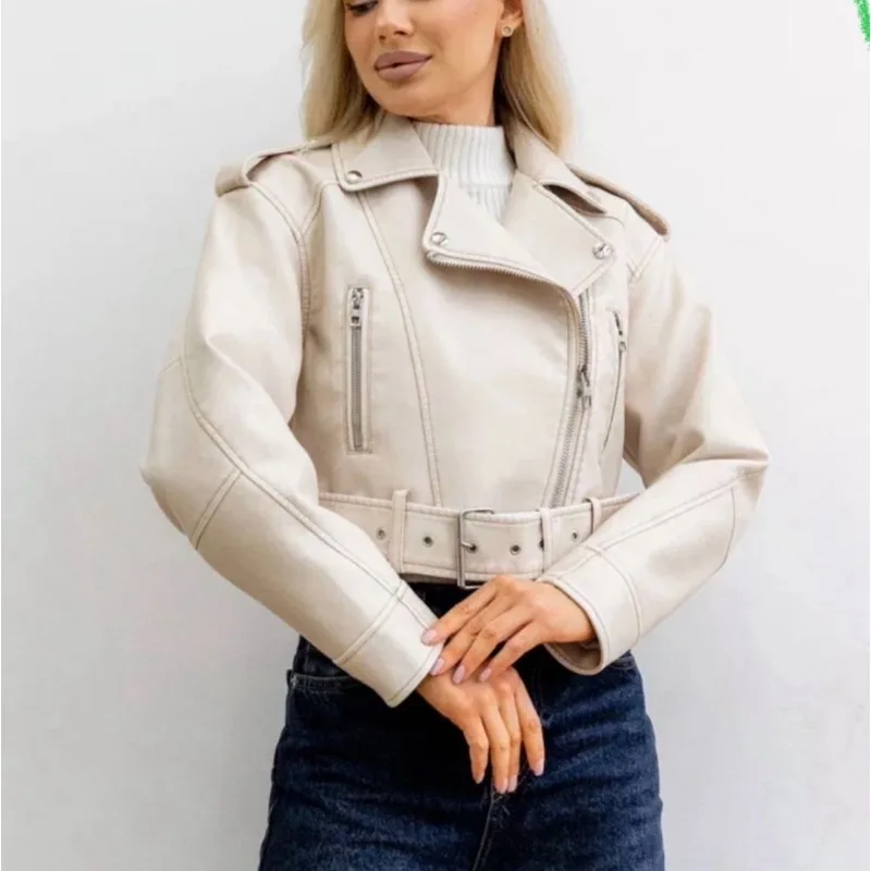 Women Oversized Vintage Loose Pu Faux Leather Short Jacket with Belt Streetwear Female Zipper Retro Moto Biker Coat Outwear