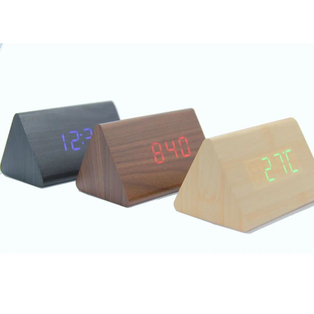 Modern Wooden LED Alarm Clock Sound Sensitive Display Temperature Time Alarm for Bedroom Office Home Brown Red