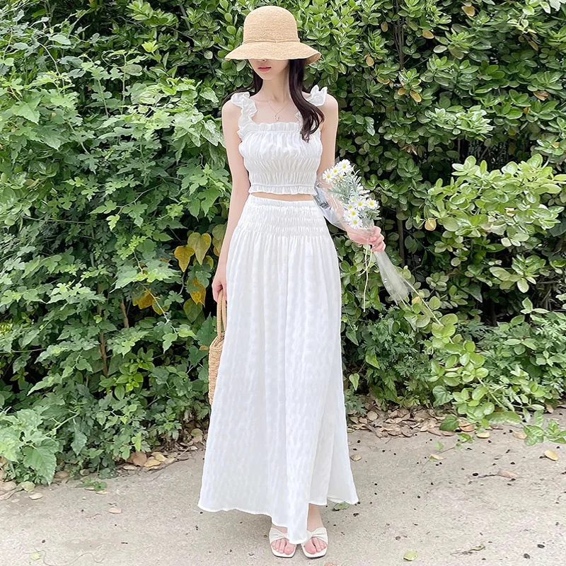 

Gentle Women's Set with Lace Trim High Waist Full Skirt Two-Piece Suit Summer New Elastic Waist Loose Fit f-length Skirt