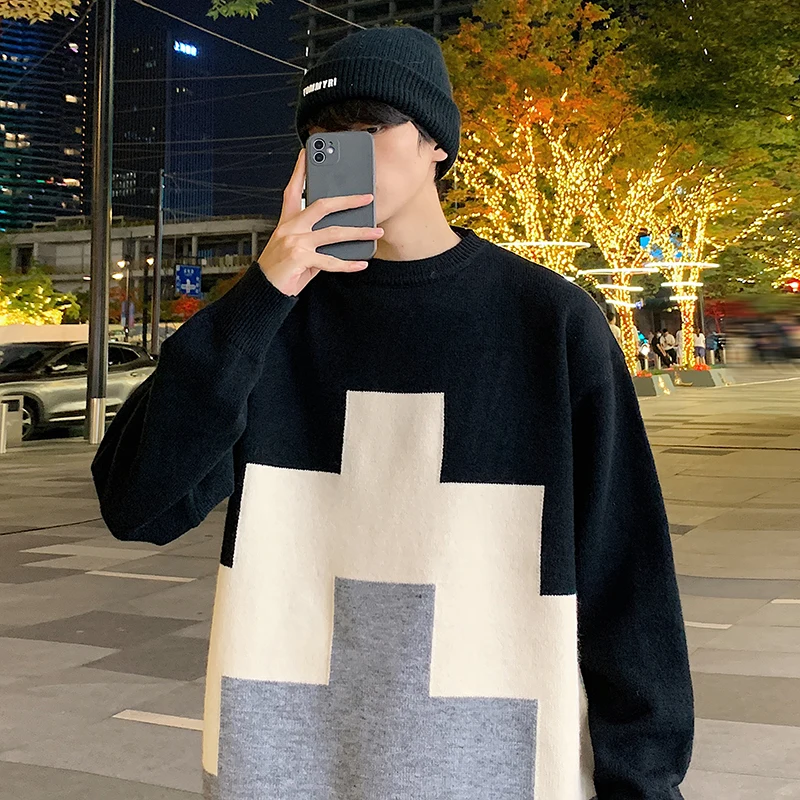 

Мужской вязаный пуловер в клетку с круглым вырезом, свободного кроя, весна-осень, повседневный, с цветовыми блоками, удобный базовый слой