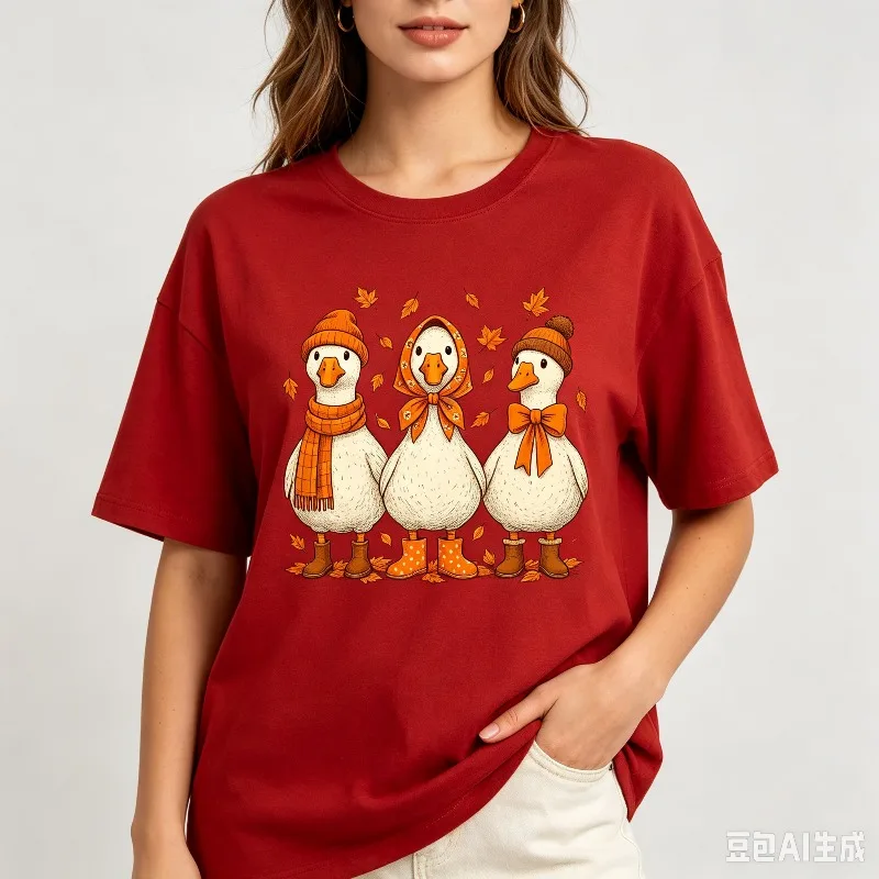 Women Three Geese T-Shirt Cotton Regular Fit Autumn Scarf Knit Hat Headscarf Big Bow Leaves Rain Boots Print Short Sleeve Tee