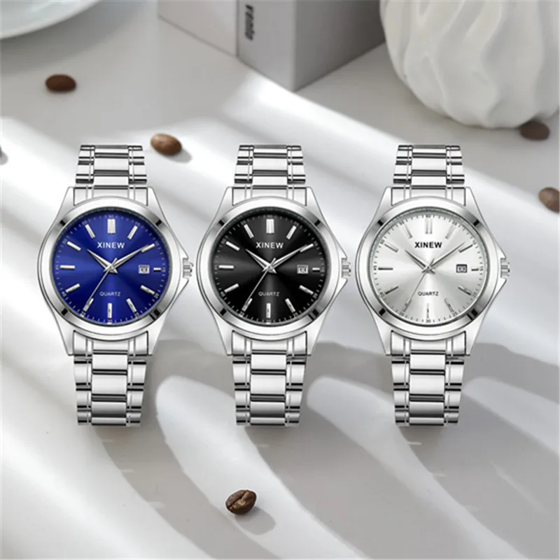 1pc / lot XINEW Brand Men Watches Silver Students Fashion Full Steel Band Simple Date Quartz Watch Reloj Hombre Montre Homme