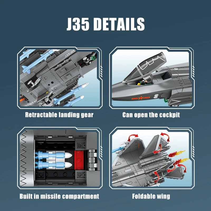 Military J35 Shipborne Fighter Jets Invisible Carrier Based Aircraft Model Building Blocks Technical Airplane Bricks Toys Gifts