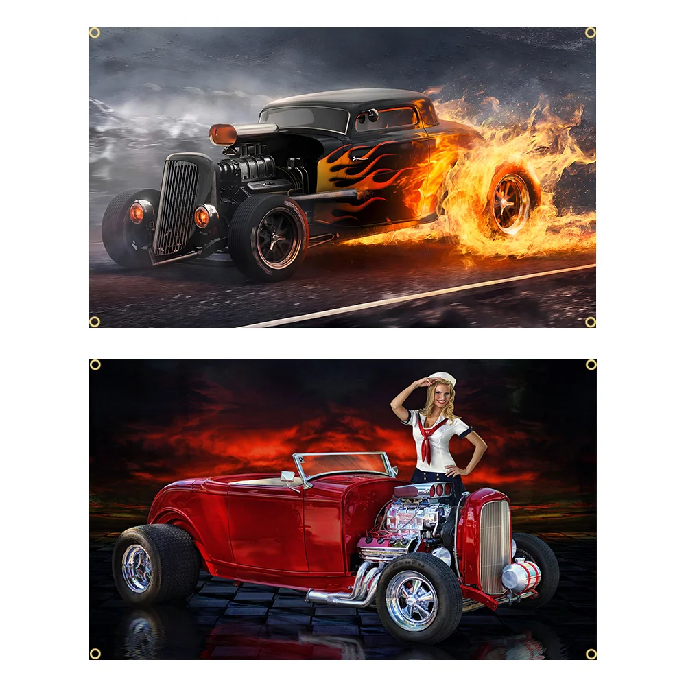 

90x150cm Hot Rod Flame Vintage Car Flag Polyester Printed Auto Banner Garage or Bedroom For Decoration Tapestry