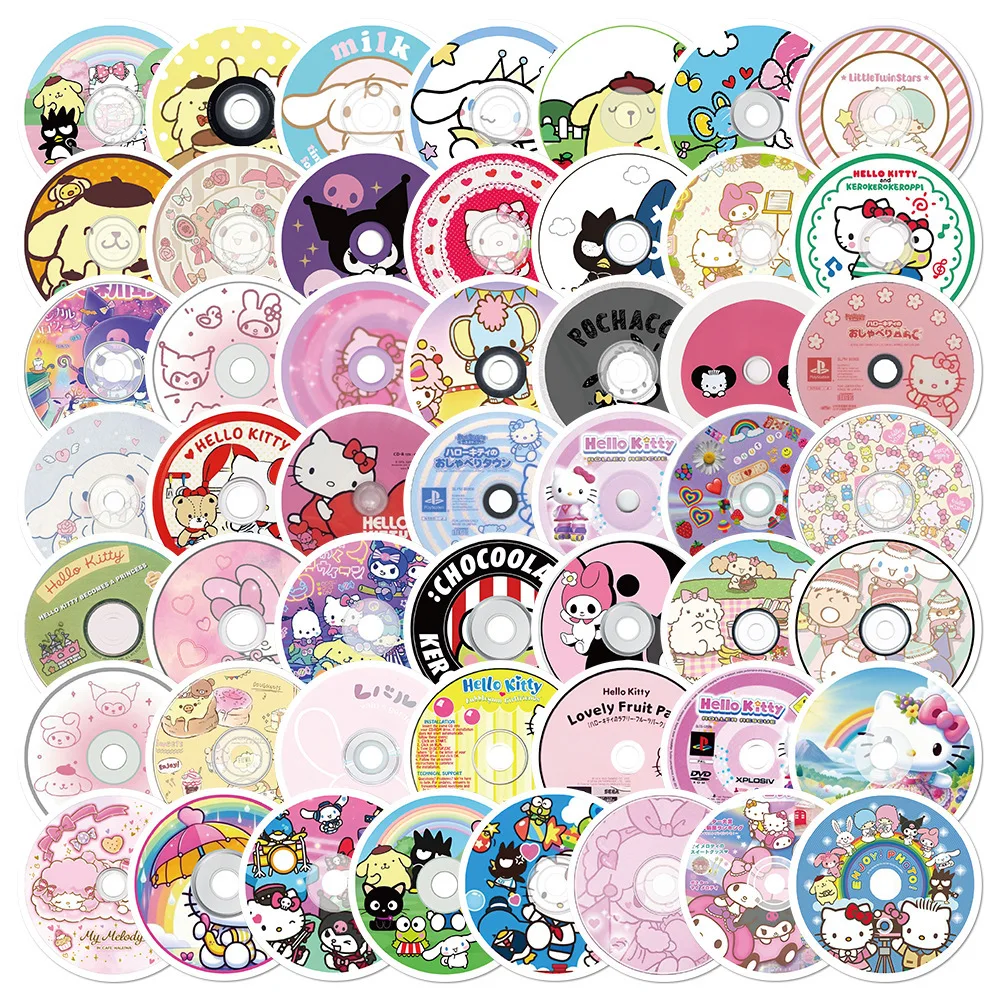 

50Pcs Kawaii Record Hello Kitty CD Stickers for Phones Guitar Luggage DIY Stickers Decoration Cute Vintage Birthday Gifts