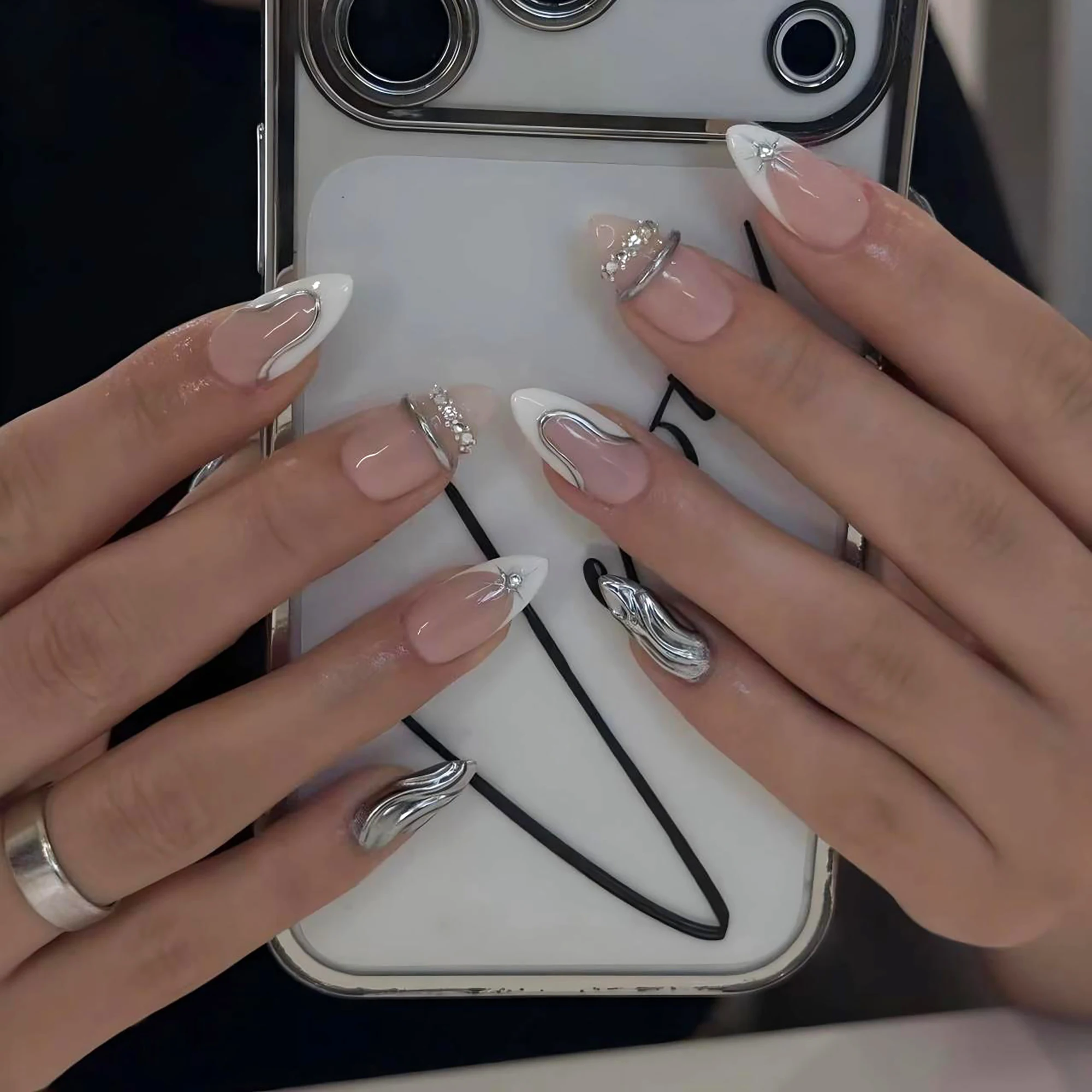 Transform Your Nails | 24Pcs Luxe Elegant Nude White French Press On Nails, Almond Shape with Silver Metal Line & Rhinestone