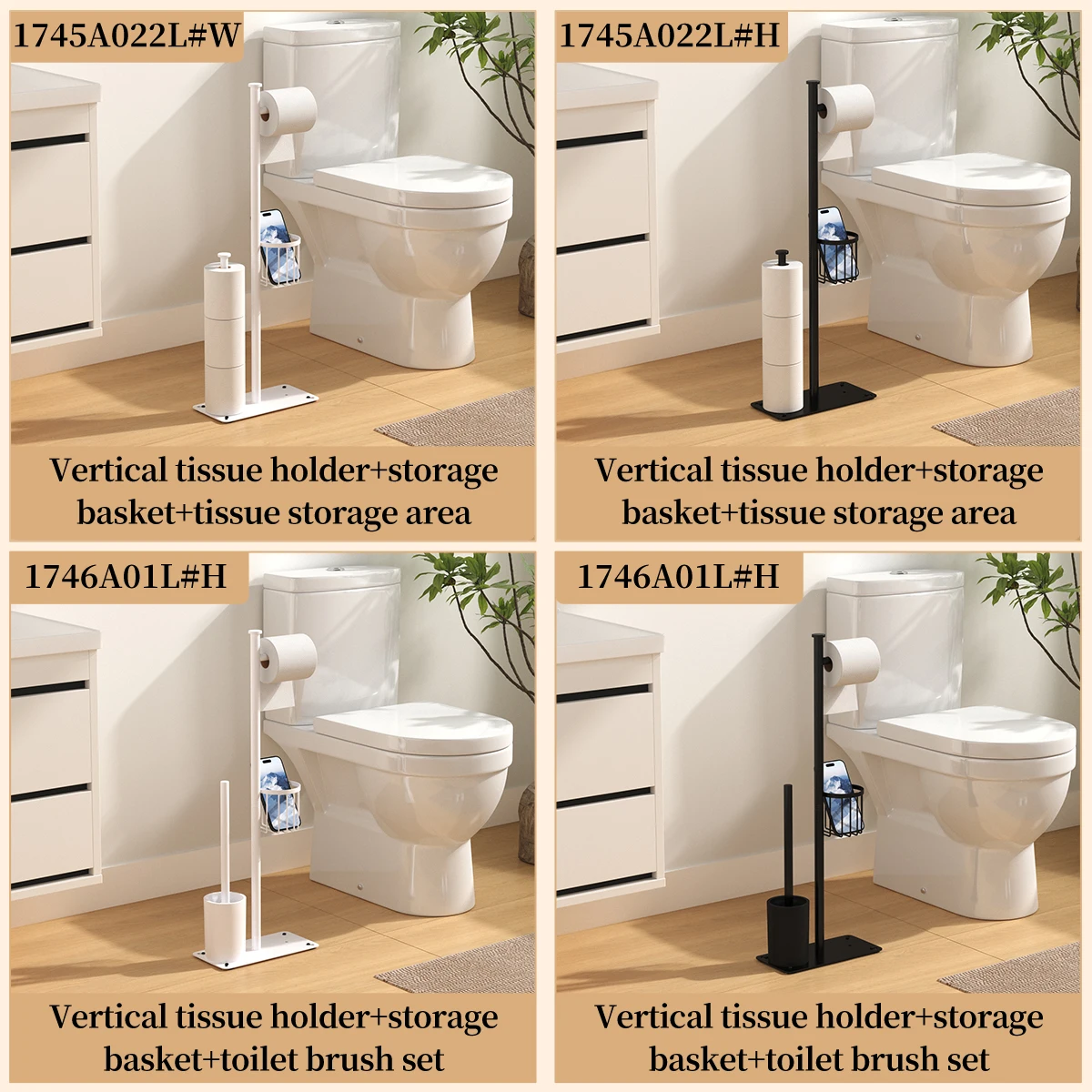 Independent toilet paper holder, tissue holder with storage basket, and optional sanitary brush holder