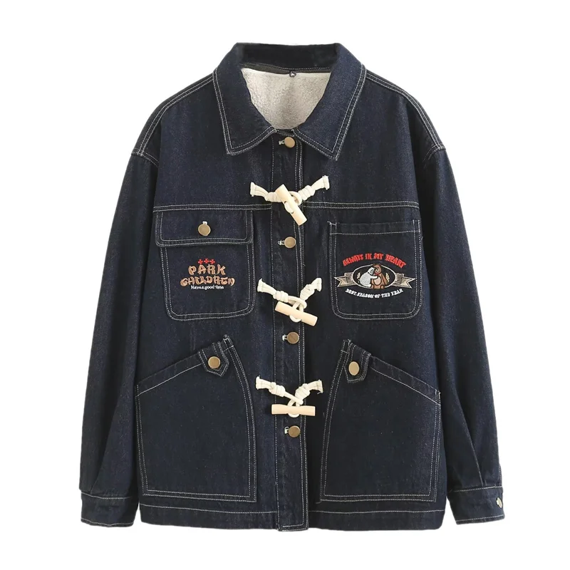 

BANA Anti-Aging Embroidered Fce-Lined Thiened Button-Up Denim Jaet Women's Winter New Sle Commute Sle Long Sve