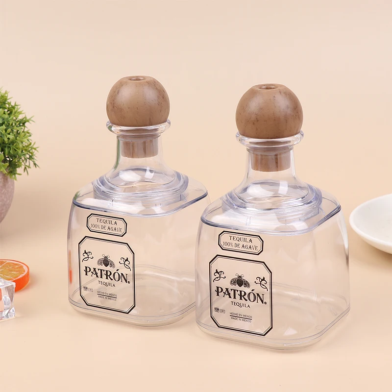 375ml Mini Tequila Bottles Acrylic Reusable Cups With Straw Hole Small Patron Bottles Empty For Drinking