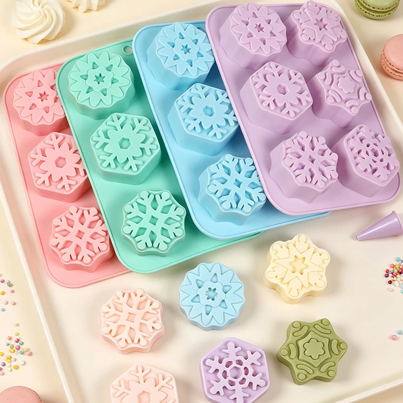 3D Snowflake Silicone Mold for Christmas 6-Cavity Snowflake Chocolate Ice Cube Mousse Cake Candle Soap Mold