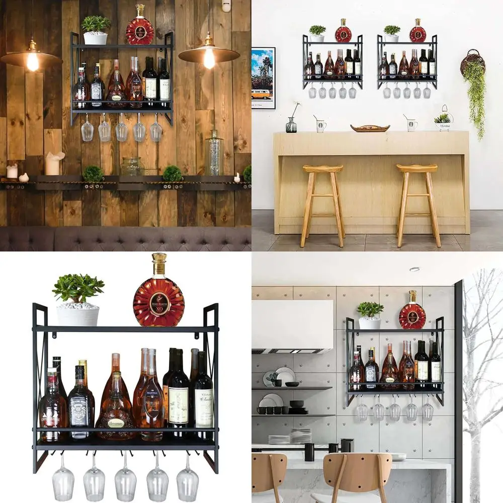 

Настенная 2-уровневая подставка для вина и бокалов из черного металла, 24,2 дюйма, с держателем для бокалов