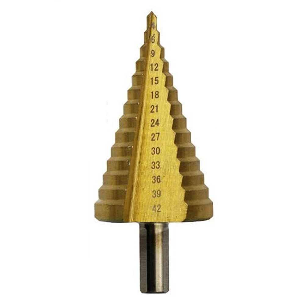 1 szt. 4-42 Mm pokryte tytanem wiertło stopniowe HSS Metal stal szybkotnąca do wycinania otworów wiertło narzędzie do wiercenia stożkowe