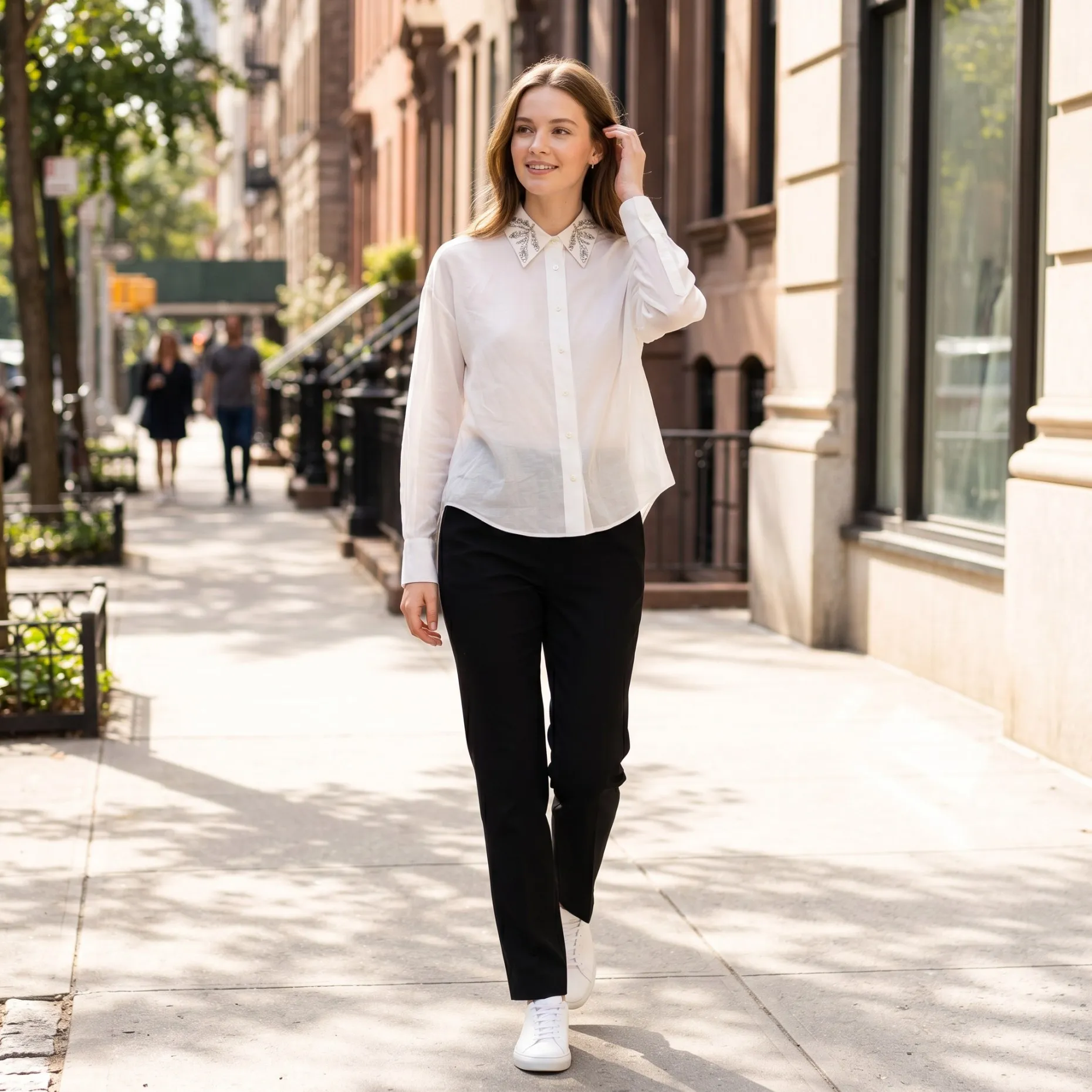 

100% Cotton Women Crystal Beaded Collar White Button Down Shirt Elegant Long Sleeve Blouse French Chic Office Fashion BF2024