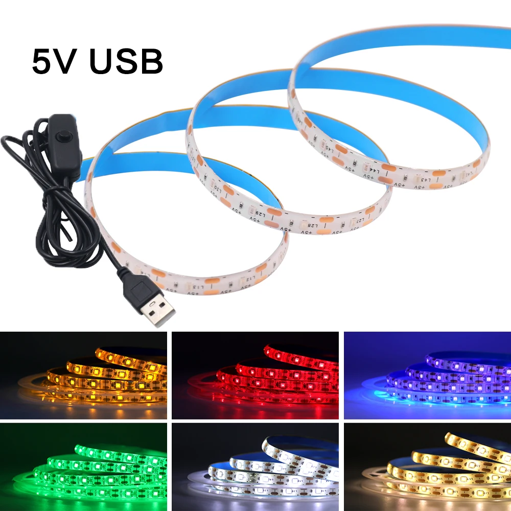 DC5V Led Strip Light USB OFF ON Switch Flexible Ribbon Tape For Home Decor White Warm Red Green Blue Pink DIY TV Backlight