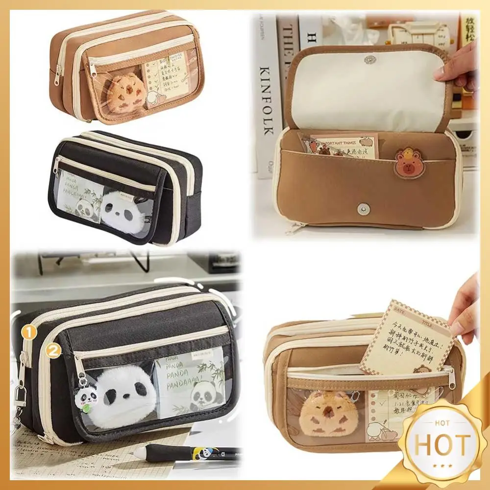 9-Layer Cute Pencil Bag with Stickers Kawaii Zipper Pencil Case Large Capacity Capybara Stationery Holder Bag School Supplies