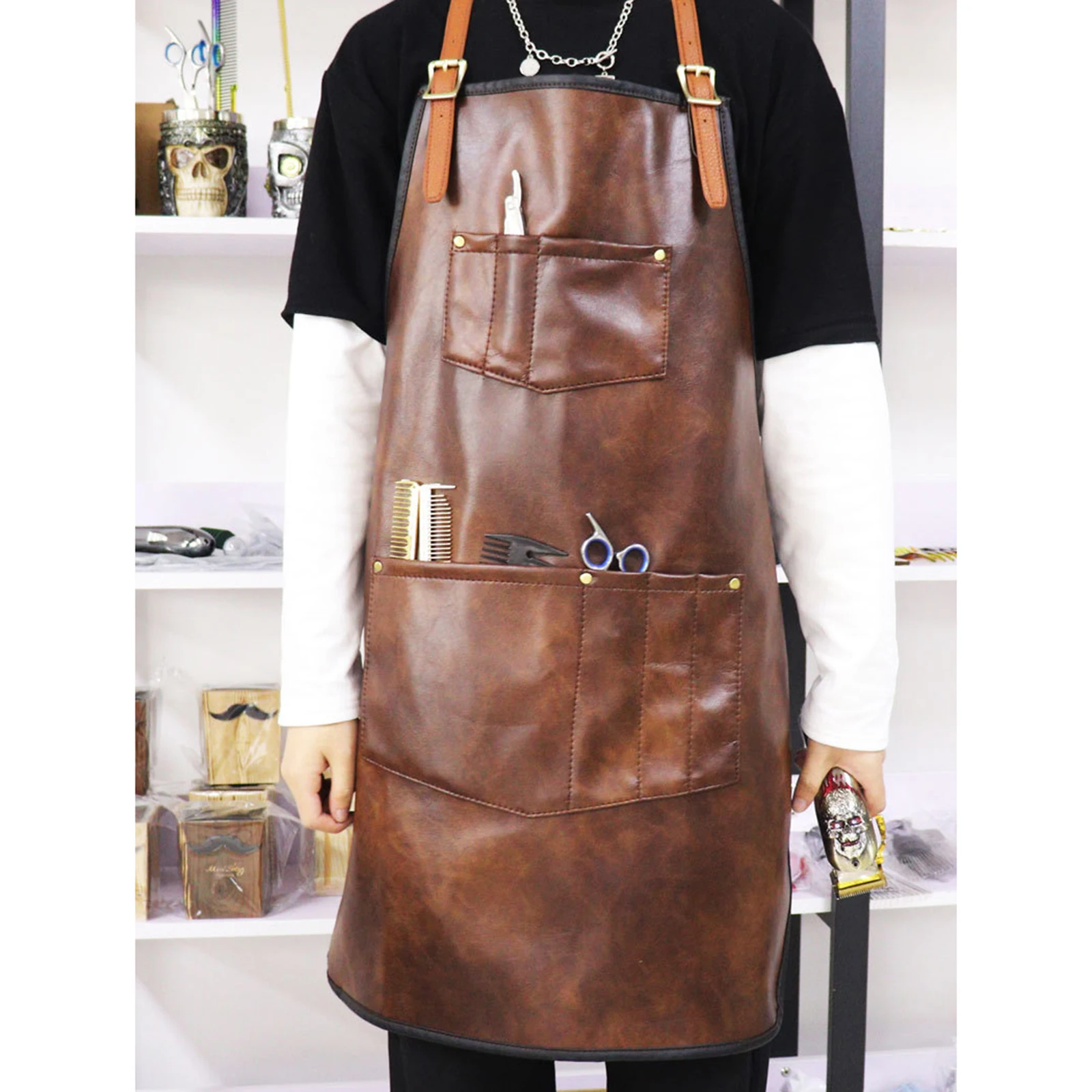 Chef Apron Men Waterproof PU Leather Apron w Pockets Cross-Back Straps for Kitchen BBQ Cooking Barber Barista Apron Handworking