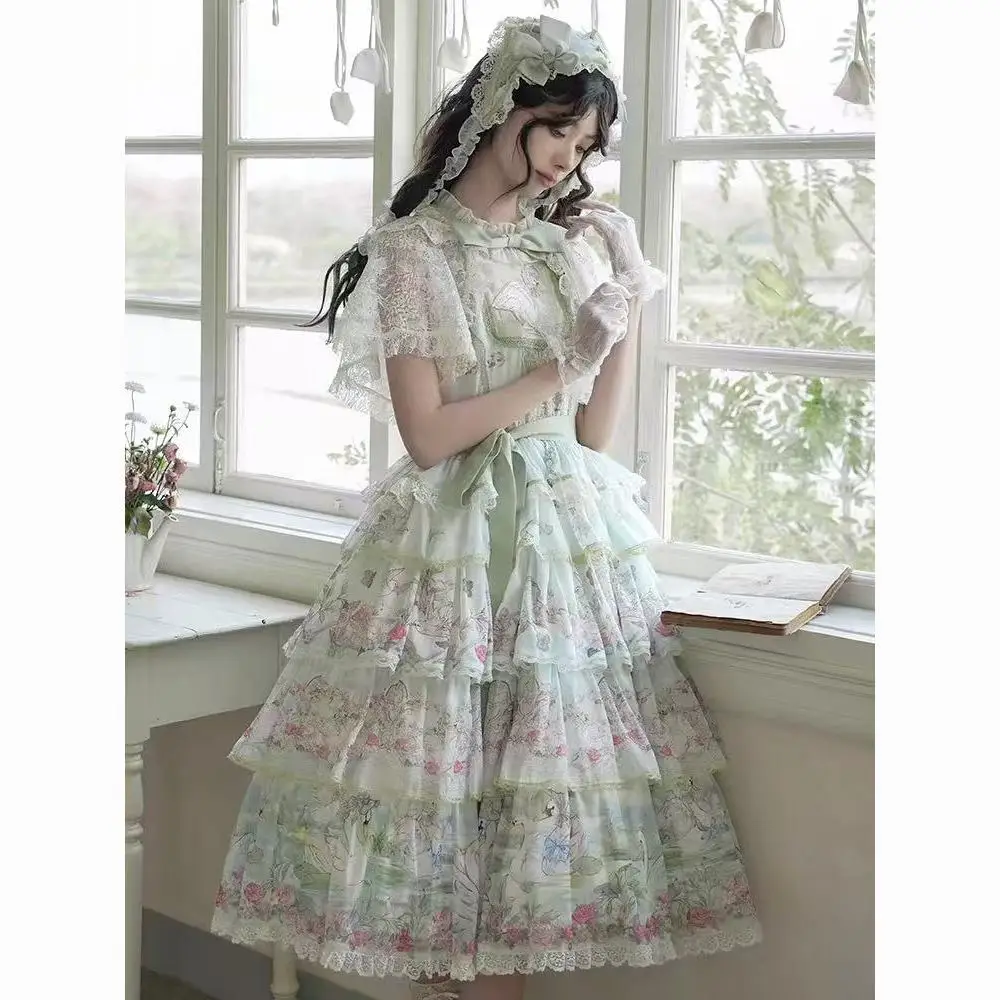 

MAGOGO оригинальное милое платье Лолиты с принтом «Лебединое озеро» Jsk, элегантное женское кружевное платье с бантом Kawaii, свежее японское платье принцессы