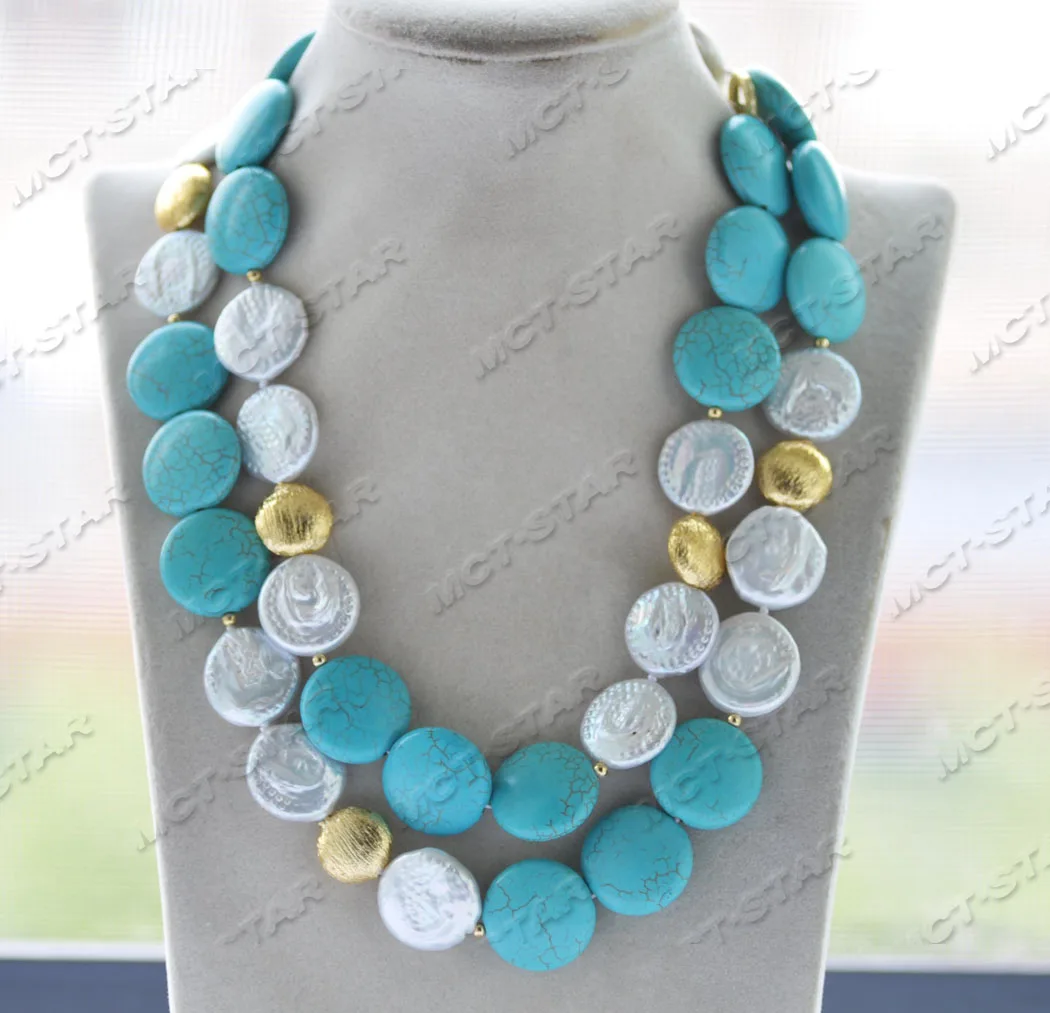 Z12070 39'' 22mm Coin White Pearl Blue Turquoise Gold-plated Necklace