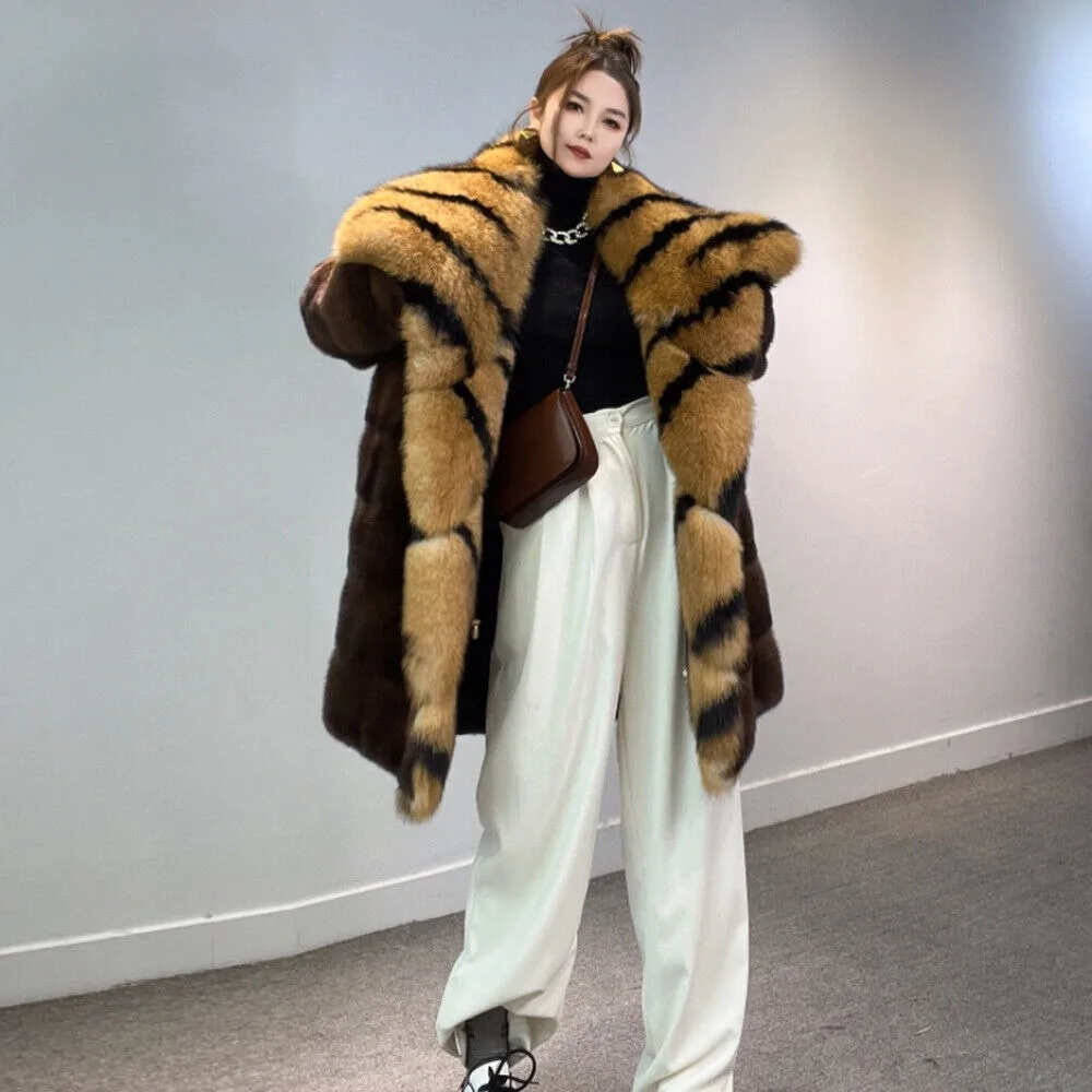 Pardessus en fourrure de vison véritable pour femmes, revers en fourrure de renard à rayures tigre, vêtements d'hiver pour femmes, manteaux de luxe, veste tendance, nouveau, 2024